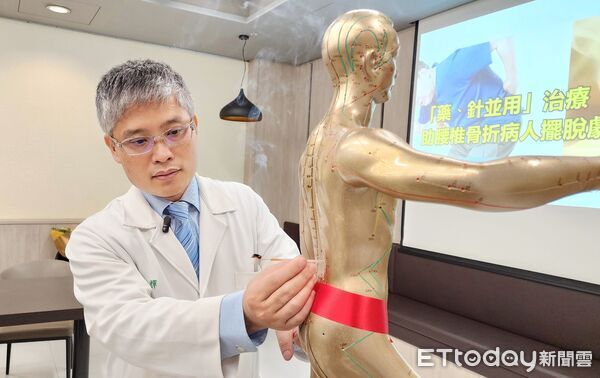 ▲奇美醫院中醫部骨傷科主任任東輝指出，以針上灸搭配中藥治療，可協助腰椎骨折病人改善疼痛。（記者林東良翻攝，下同）