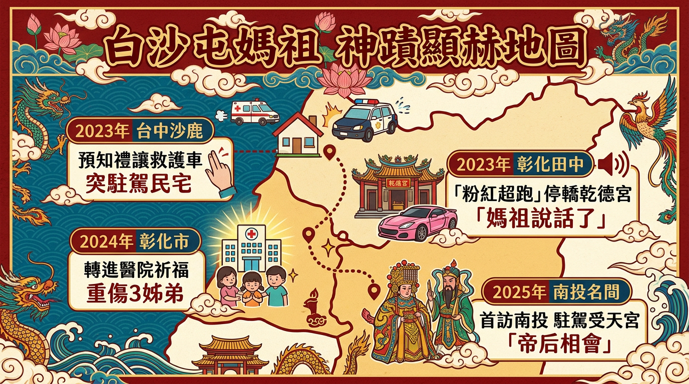 ▲▼白沙屯媽遶境懶人包　5大神蹟一次看。（AI協作圖／記者柯沛辰製作，經編輯審核）