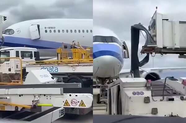 ▲華航機門遭碰撞毀損。（圖／翻攝自Facebook／FL360aero）