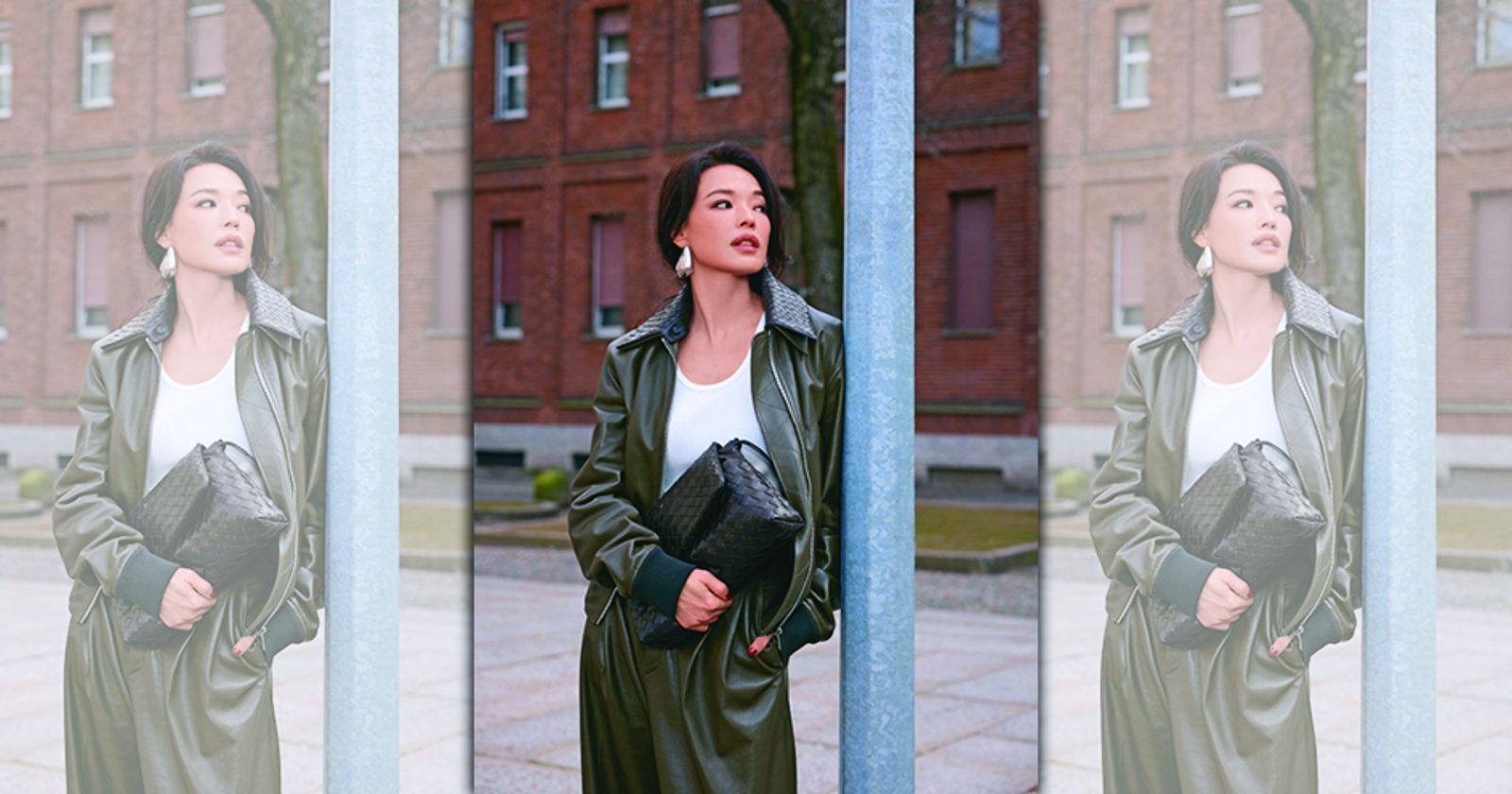 舒淇手持BOTTEGA VENETA GIORNO編織皮革抽繩斜背包，現身米蘭街頭。（BOTTEGA VENETA提供）