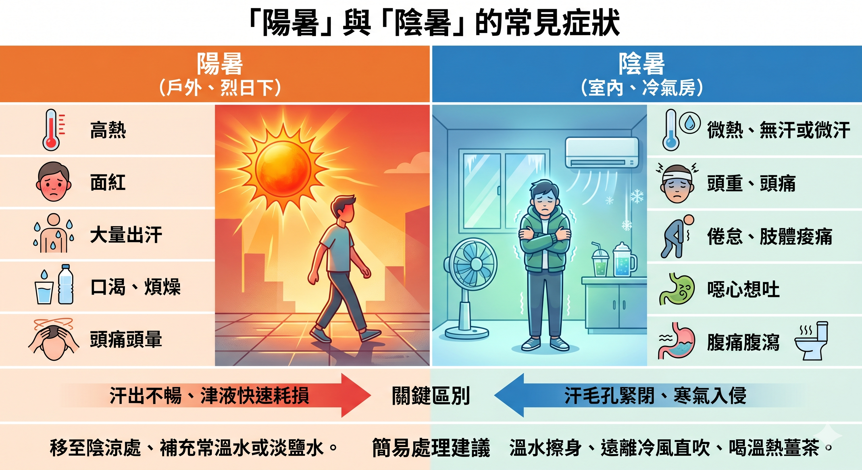 ▲▼「陽暑」與「陰暑」的常見症狀。（AI協作圖／記者胡至欣製作，經編輯審核）