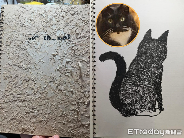 ▲「十年前素描本」封面被當貓抓板　兇手永遠留在畫中：惹網淚目。（圖／藝術工作者林晉弘提供，請勿隨意翻拍，以免侵權。）