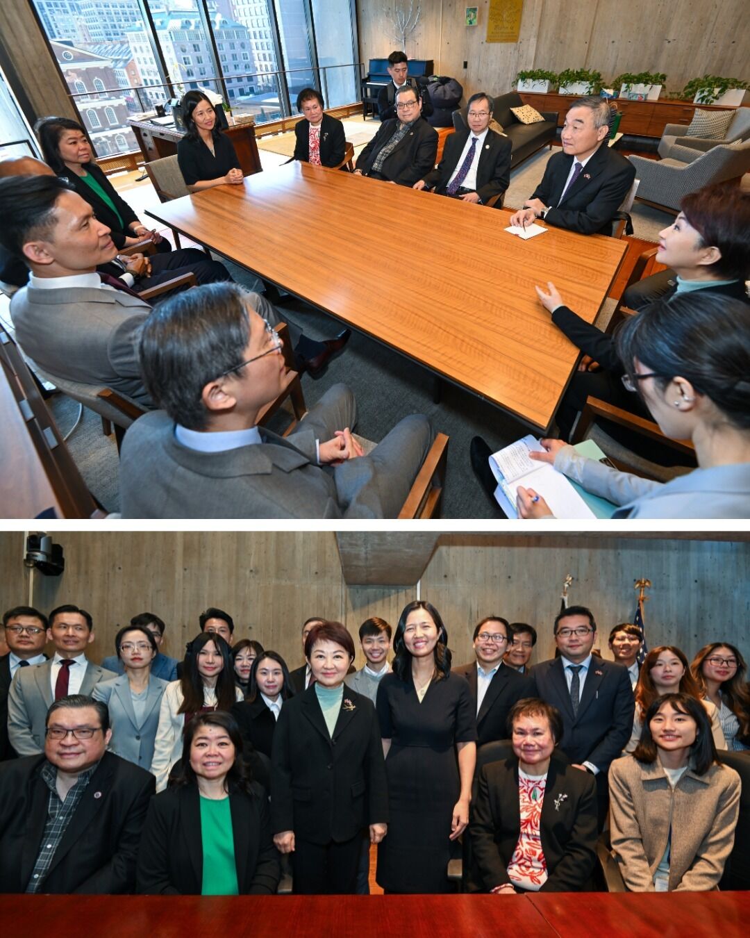 ▲▼台中市長盧秀燕訪問波士頓時與現任波士頓市長吳弭的合影。爆料者指出，從合照可看見駐波士頓台北經濟文化辦事處長廖朝宏與吳弭互動疏離。（圖／翻攝自Facebook／Mayor Michelle Wu 吳弭﻿）