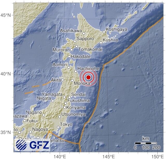 ▲▼ 日北東北三陸沖發生規模7.4強震。（圖／翻攝自GFZ）