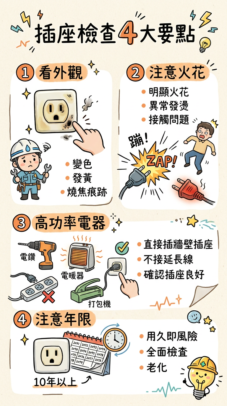 ▲插座檢查4大要點。（AI協作圖／記者周亭瑋製作，經編輯審核）