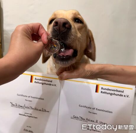 ▲▼台中警犬Uhoo與領犬員蕭至汎（右）日前成功通過德國聯邦救難犬協會舉辦的高級路徑追蹤考試。（圖／警方提供）