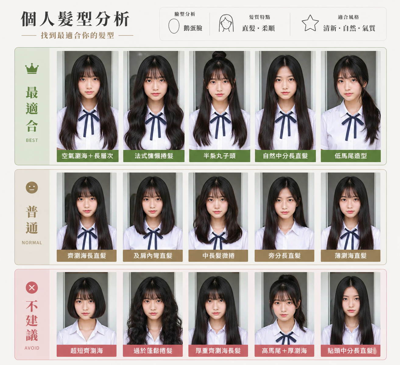 ▲AI 透過數據化分析，能精準標示出「最適合」與「不建議」的髮型，減少換造型踩雷的機率。（AI協作圖／記者楊庭蒝製作，經編輯審核）