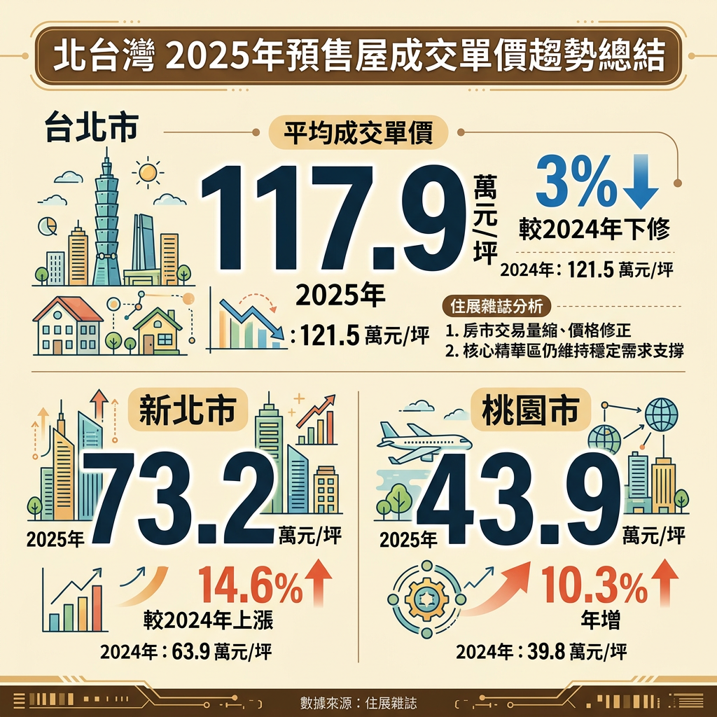 ▲▼北北桃2025年預售屋平均成交單價。（AI協作圖／記者董美琪製作，經編輯審核）
