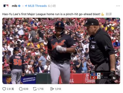 台灣人簽到！李灝宇首轟MLB流量密碼　Threads置頂破2.8萬讚