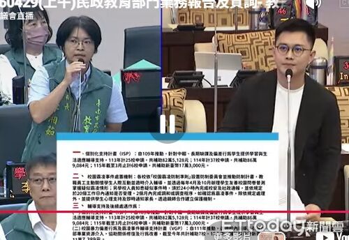 ▲台南市議員於議會質詢，關注龍崗國小教師陳情事件。（記者林東良翻攝，下同）