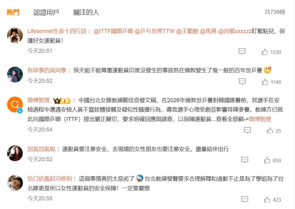 ▲▼桌球中華女團教練發文控訴登上微博熱搜，引起關注。（圖／翻攝自微博）