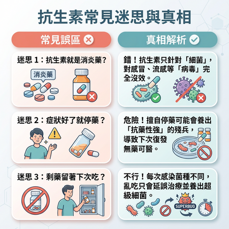 ▲▼抗生素常見三大迷思。（AI協作圖／記者洪巧藍製作，經編輯審核）