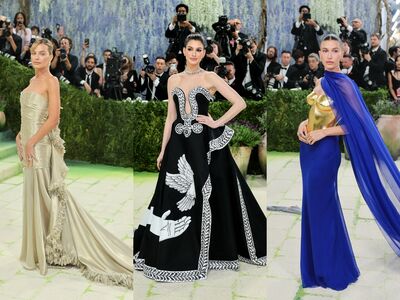 Met Gala／安海瑟薇MK訂製禮服深V開到腰太辣！海莉比伯24K金鎧甲當最美雕塑