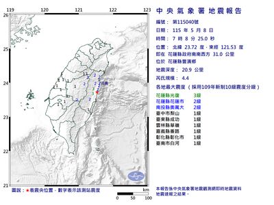 快訊／07:08花蓮豐濱4.4地震！　中央山脈彼端也有感