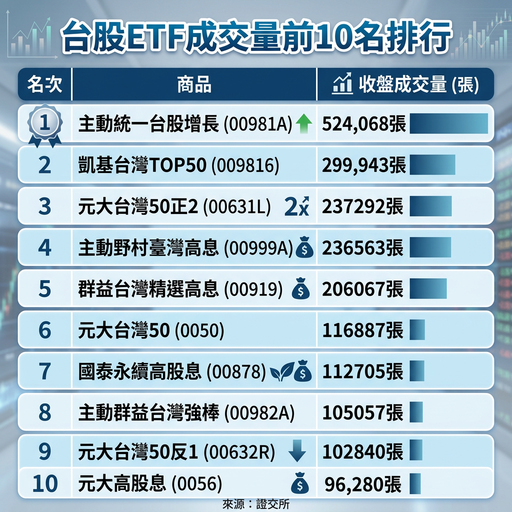 ▲▼台股ETF今成交前十。（AI協作圖／記者林潔禎製作，經編輯審核）