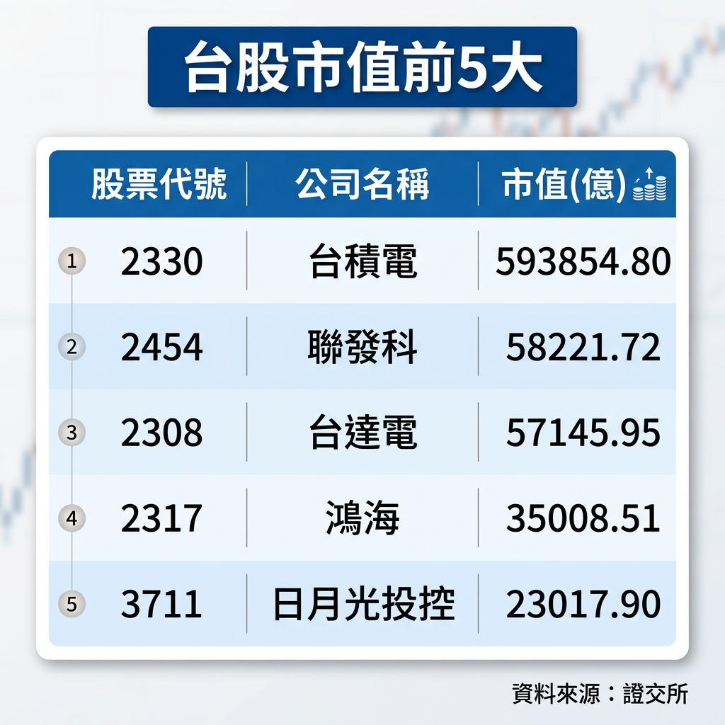 ▲▼台股市值前5大。（AI協作圖／記者林潔禎製作，經編輯審核）
