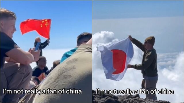 ▲▼爬富士山狂揮五星旗！美國大漢「神招反制」　中國男尷尬閃人。（圖／翻攝X）