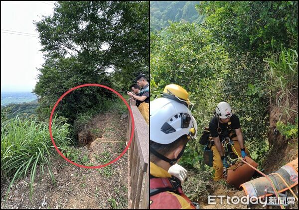 ▲▼南投一名76嬤不慎失足墜落八卦山彰投交界深谷，救難人員緊急出動救人。（圖／記者高堂堯翻攝）