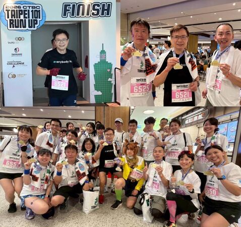 ▲左上圖黃志芳以24分01秒通過台北101垂直馬拉松終點；右上圖黃志芳(中)與參與貿協參賽隊伍的企劃政策課課長井內岳郎(左)、松原市政府市長室室長橋本明(右)合影；下圖貿協隊伍順利完賽後合影。(圖／貿協提供)