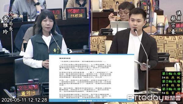 ▲台南市議員蔡宗豪於議會質詢台南藝廊爭議展覽，質疑申請補助計畫書與實際展出內容不符，要求政風處立案查核。（記者林東良翻攝）