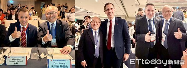 ▲IEAT秘書長黃文榮與巴拉圭工商部長Marco Riquelme(中)、巴拉圭出口協會主席Sebastian Gonzalez Morassi(左圖)、巴拉圭工商部中小企業處處長Gustavo Gim&eacute;nez(右圖)於活動現場交流合影。（圖／IEAT）
