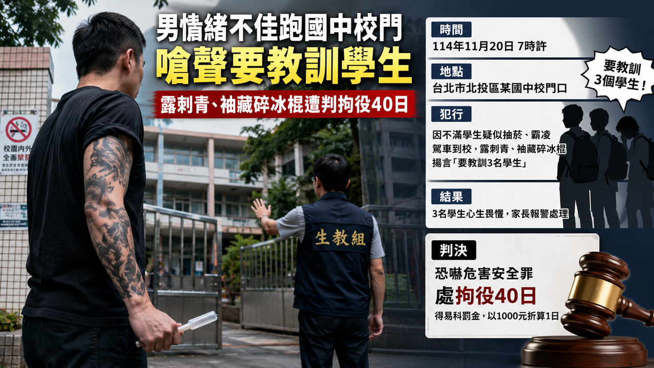 北市刺青男闖國中堵人!袖藏碎冰棍喊:維護正義...3學生嚇壞