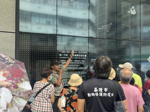 ▲防鳥撞窗貼張貼於東岸旅客中心倉間人行道側3號柱、4號柱之間之玻璃。（圖／基隆港務分公司提供）