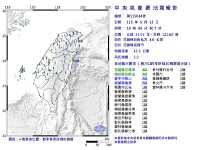 快訊／18:43花蓮市規模5「極淺層地震」　最大震度4級
