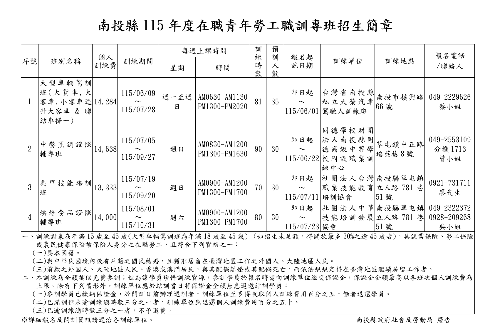 ▲南投在職青年勞工職訓專班開班招生簡章。（圖／南投縣政府提供）