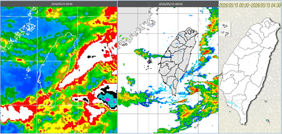 ▲▼今晨鋒面雲系南移、減弱（左），降水回波大多在海峽南部及東側海面（中），南台灣有局部降雨（右）。（圖／翻攝自「洩天機教室」）