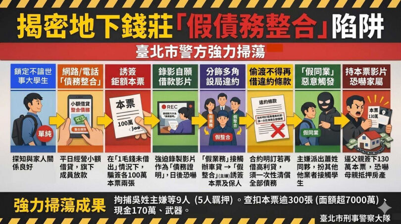 大學生遭竹聯幫弘仁會成員誘騙簽下本票、錄下自願借款影片，實際卻未放款，再持影片向家屬討債，再取得家屬所簽之本票。（圖／北市刑大提供）