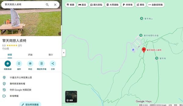 擎天崗一炮而紅，有網友甚至將「當事桌」在Google地圖設為地標，名叫「擎天崗戀人桌椅」。（翻攝自Google Maps）