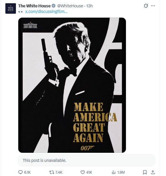 ▲▼亞馬遜米高梅影業開始尋找新任007主角後，白宮隨即發布川普版007風格海報，照片中川普穿燕尾服持槍，搭配「讓美國再次偉大」與007標誌。（圖／翻攝自X／白宮）