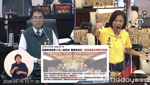 ▲台南市議員王家貞在總質詢中拿出洋香瓜、火龍果等台南農特產，建議市府設置農業綠色博覽會。（記者林東良翻攝，下同）
