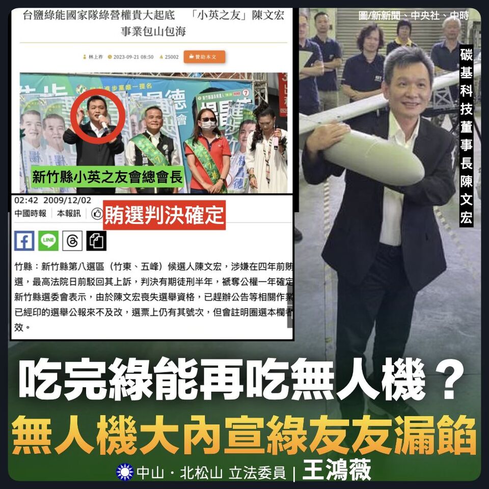 揪這無人機產業見綠友友 王鴻薇:董座陳文宏賄選、家族涉綠能弊案