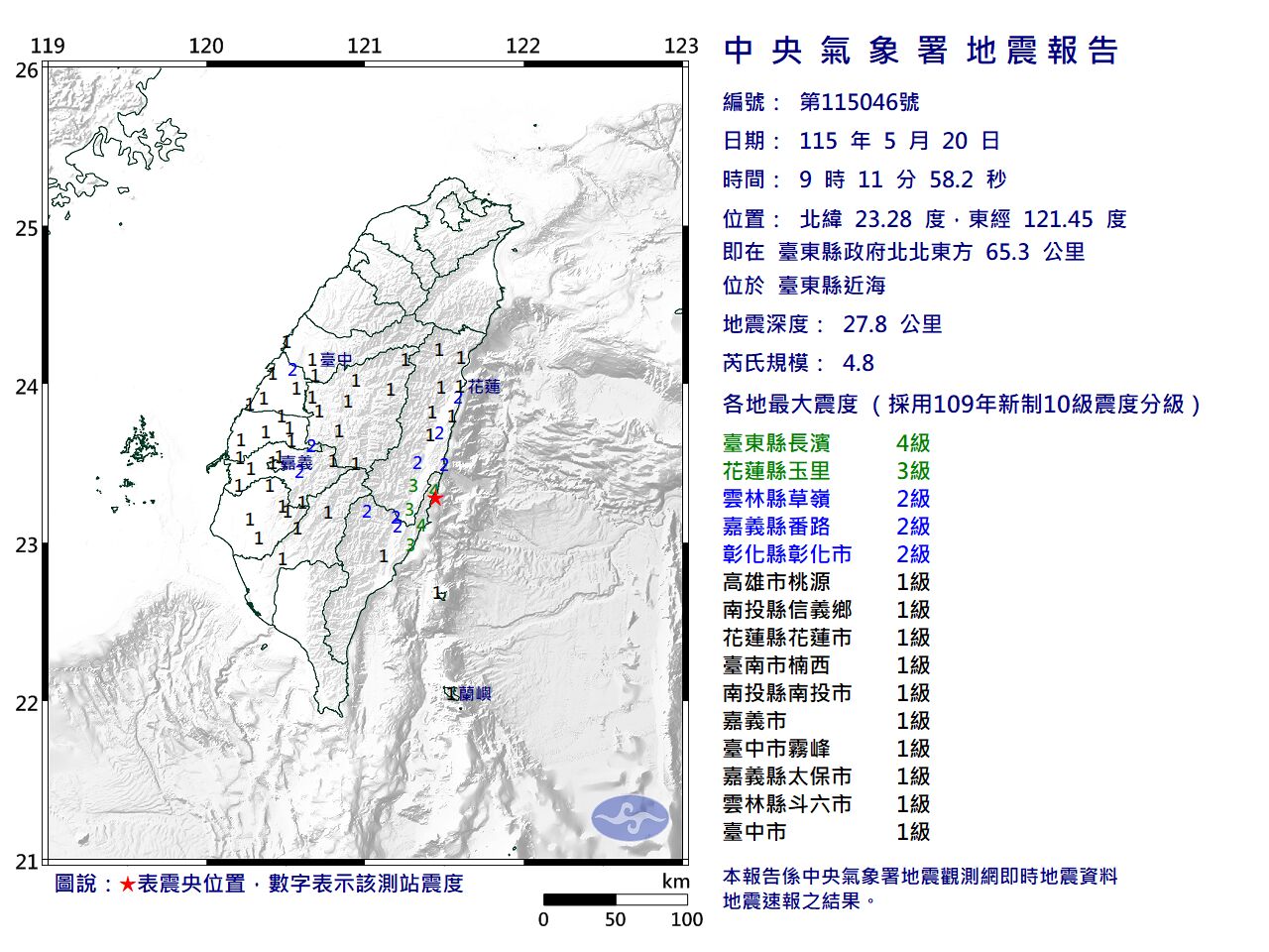 快訊／09:11台東近海規模4.8「極淺層地震」　最大震度4級