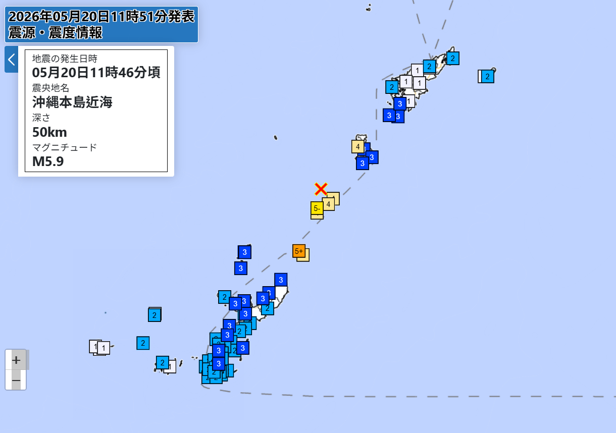 ▲▼ 沖繩本島近海發生規模5.9地震。（圖／翻攝自日本氣象廳）