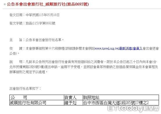 ▲威順旅行社被公告勒令停業。（圖／台中市政府提供）