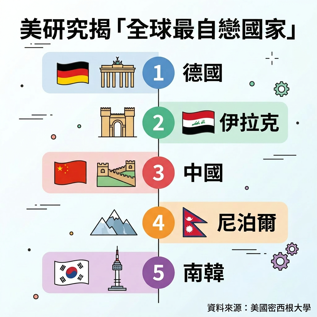 ▲▼全球最自恋国家出炉！ 研究揭「中国、南韩」挤进前5名。 （AI协作图/记者吴美依制作，经编辑审核）