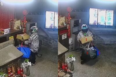 安全帽男闖城隍廟！2巨購物袋「掃光50碗結緣泡麵」　離譜畫面曝光