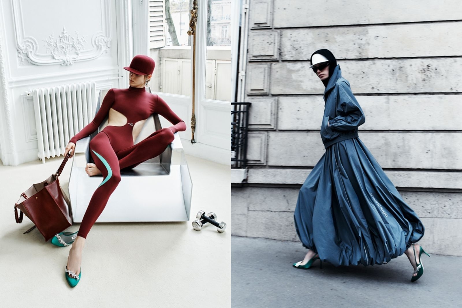 BALENCIAGA｜Manolo Blahnik合作系列是首度攜手，推出黑色、銀灰色、草綠色、檸綠色與紫羅蘭色等多款緞面配色。（巴黎世家提供）       