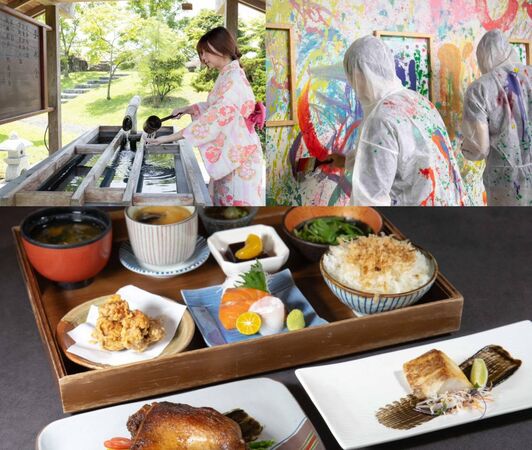 ▲手水舍淨手並完成打卡，即可帶走「萌寵點心包」、 Play灑畫、「日光璽舞」主廚御膳套餐。（圖／綠舞提供）