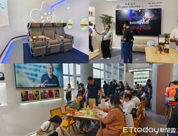▲Lounge內試坐的豪經艙座椅、留影民眾與滿滿的享受免費飲品與點心的觀展者。（圖／記者張佩芬攝）