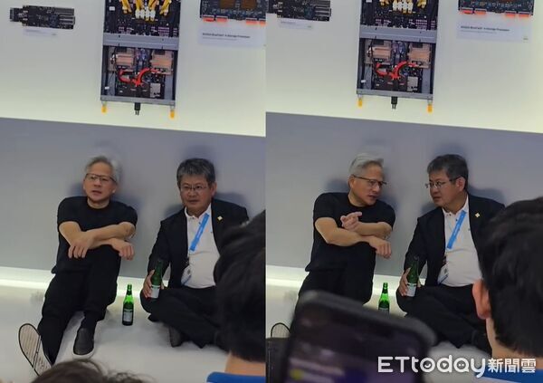 ▲黃仁勳在COMPUTEX技嘉展區席地而坐，手拿台灣啤酒暢談AI。（圖／網友授權提供）