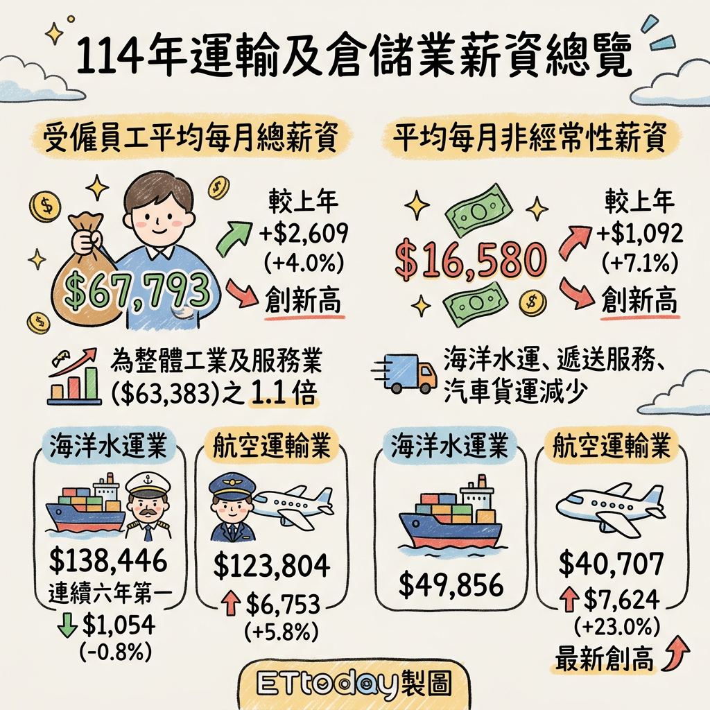 ▲▼運輸及倉儲業薪資、工時統計。（AI協作圖／記者李姿慧製作，經編輯審核）