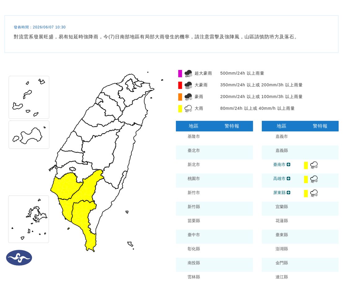 ▲大雨特報