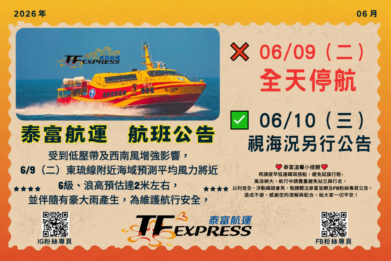 西南氣流挾豪雨襲台 東琉線交通船6/9全天停航