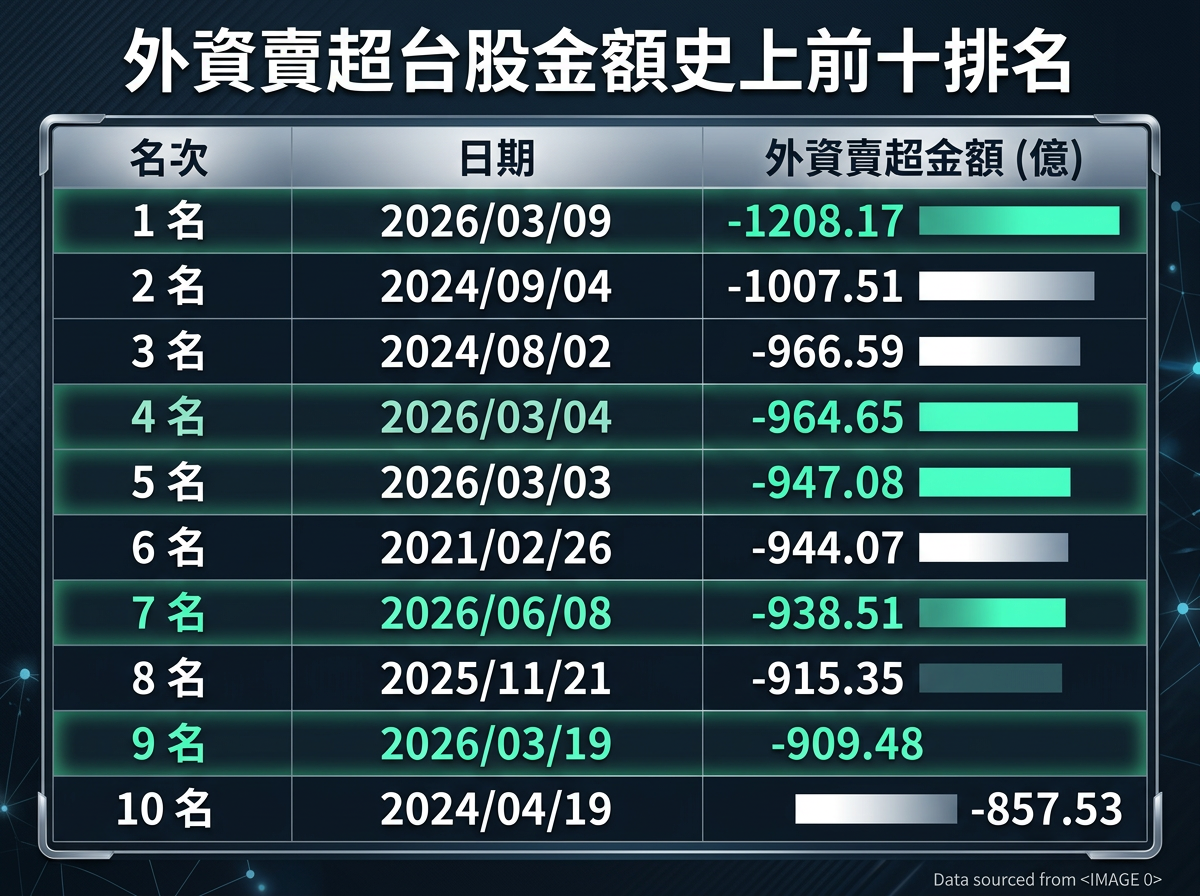 ▲外資賣超台股金額史上前十排名。（AI協作圖／記者陳瑩欣製作，經編輯審核）