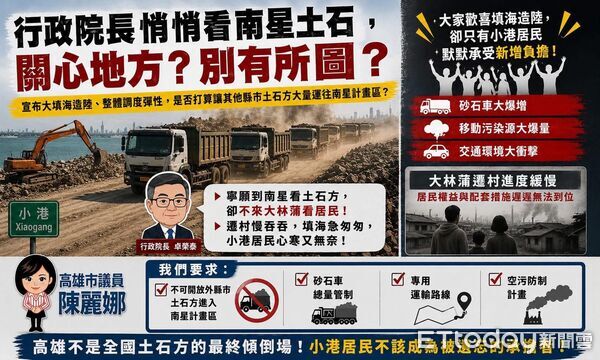 ▲卓榮泰喊「擴大收土」，議員陳麗娜痛批，高雄不是全國土石方的最終傾倒場。（圖／翻攝陳麗娜臉書粉專）