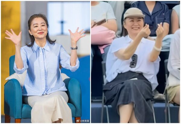 林青霞最近現身江西（右），對粉絲比愛心，毫無架子。（翻攝抖音畫面）
